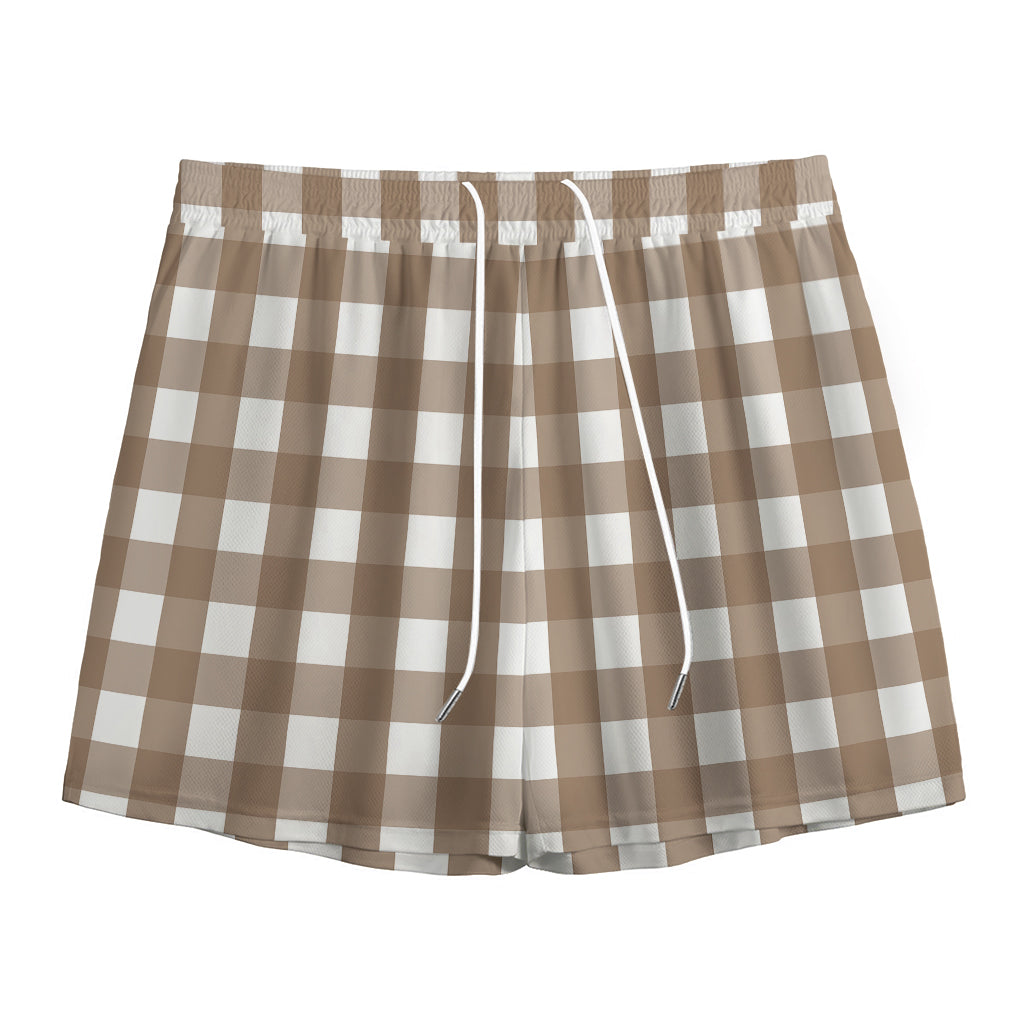 Brown And White Check Pattern Print Mesh Shorts