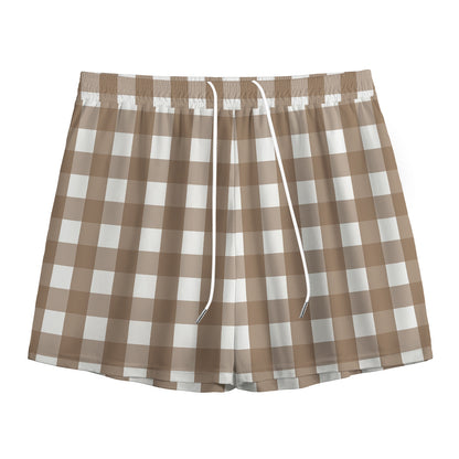 Brown And White Check Pattern Print Mesh Shorts