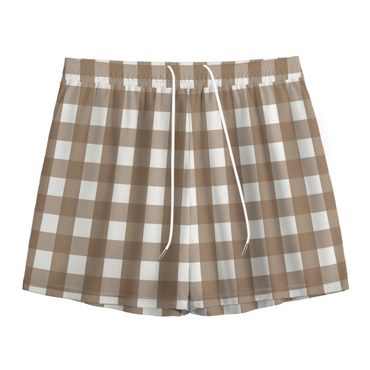 Brown And White Check Pattern Print Mesh Shorts