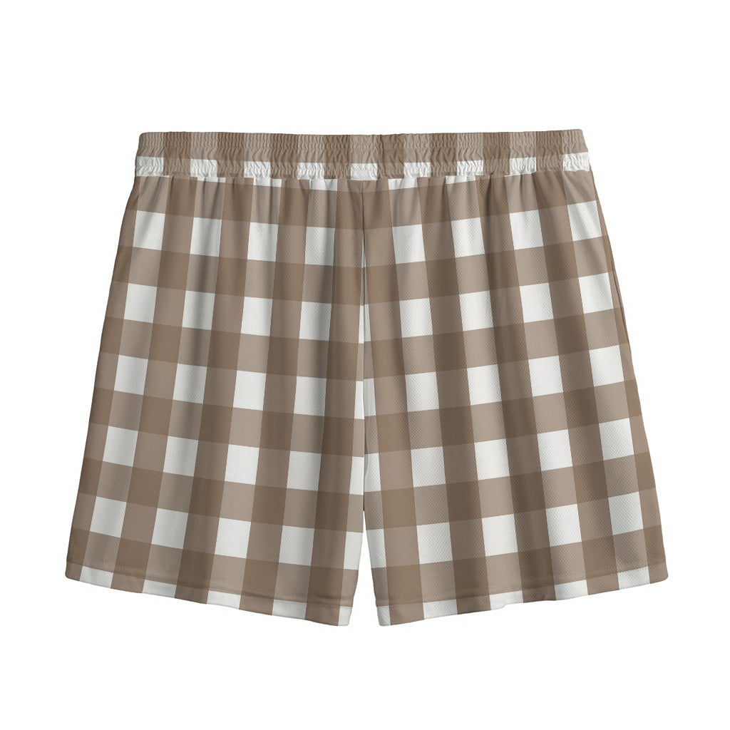 Brown And White Check Pattern Print Mesh Shorts
