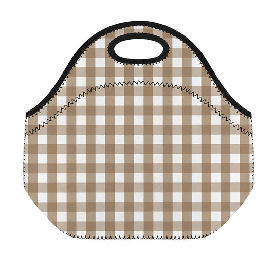 Brown And White Check Pattern Print Neoprene Lunch Bag