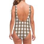Brown And White Check Pattern Print One Piece Swimsuit
