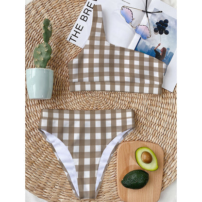 Brown And White Check Pattern Print One Shoulder Bikini Top