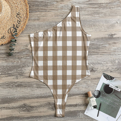 Brown And White Check Pattern Print One Shoulder Bodysuit