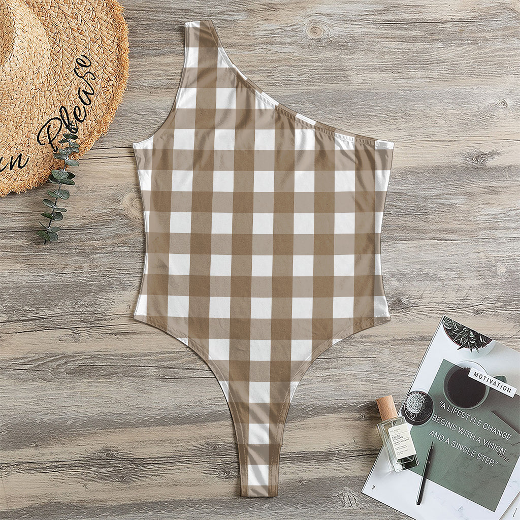 Brown And White Check Pattern Print One Shoulder Bodysuit