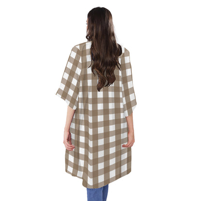 Brown And White Check Pattern Print Open Front Beach Cover Up
