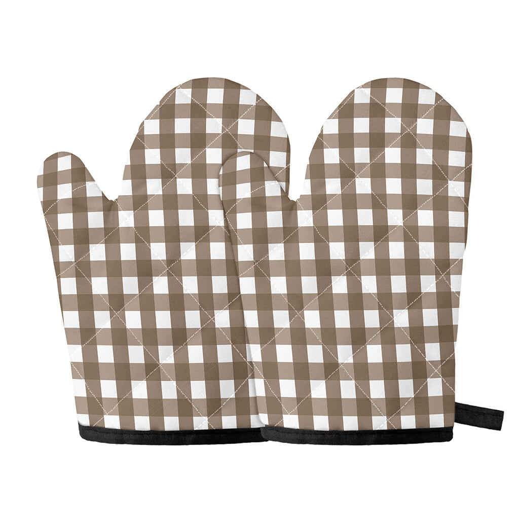 Brown And White Check Pattern Print Oven Mitts