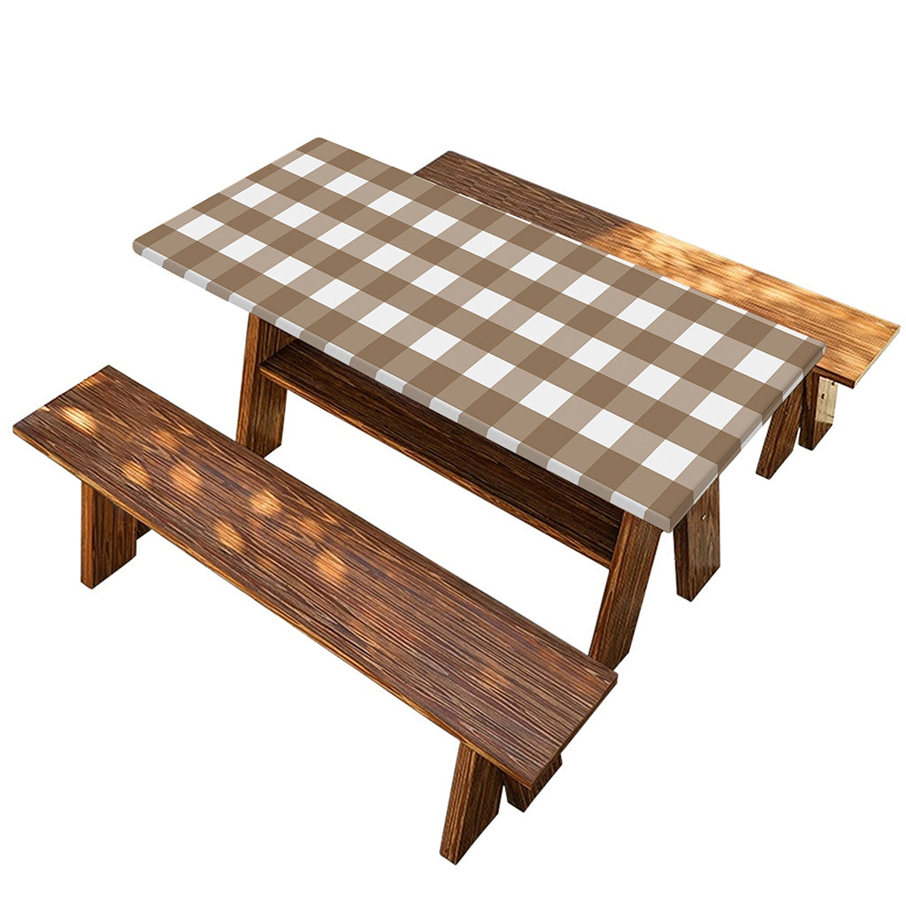 Brown And White Check Pattern Print Picnic Table Cover