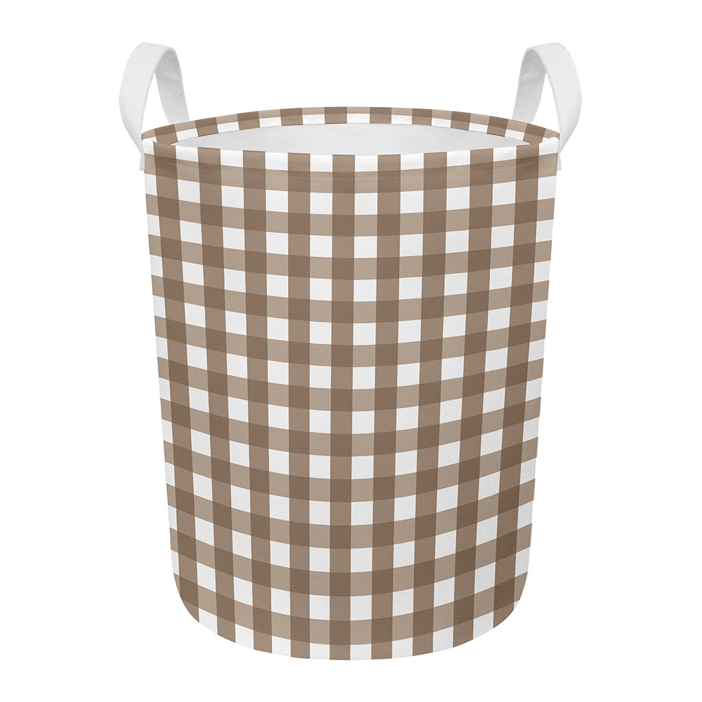 Brown And White Check Pattern Print Round Laundry Basket