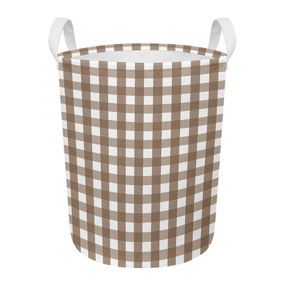 Brown And White Check Pattern Print Round Laundry Basket
