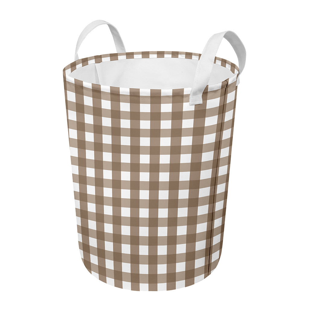 Brown And White Check Pattern Print Round Laundry Basket