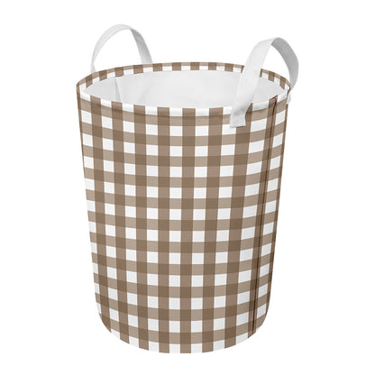 Brown And White Check Pattern Print Round Laundry Basket