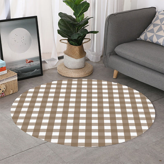 Brown And White Check Pattern Print Round Rug