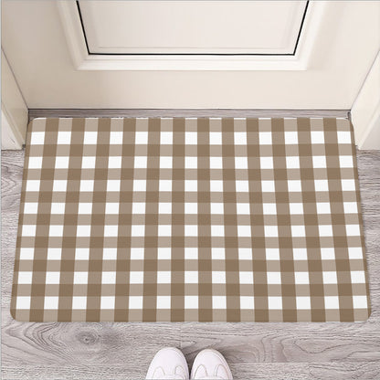 Brown And White Check Pattern Print Rubber Doormat