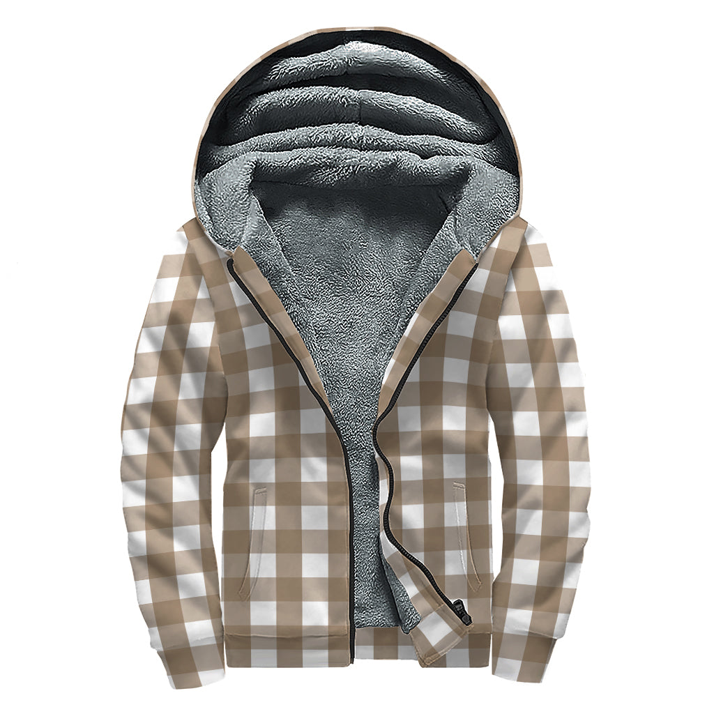 Brown And White Check Pattern Print Sherpa Lined Zip Up Hoodie