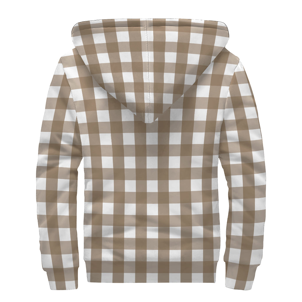 Brown And White Check Pattern Print Sherpa Lined Zip Up Hoodie
