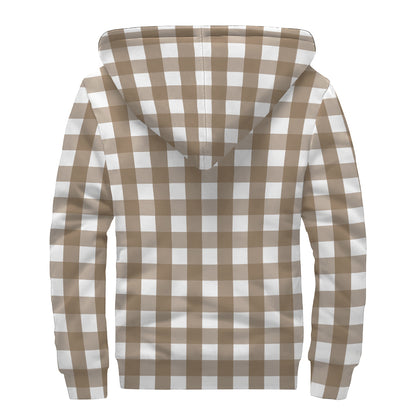 Brown And White Check Pattern Print Sherpa Lined Zip Up Hoodie