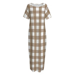 Brown And White Check Pattern Print Short Sleeve Long Nightdress