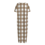 Brown And White Check Pattern Print Short Sleeve Long Nightdress