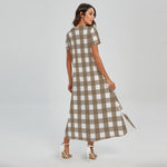 Brown And White Check Pattern Print Short Sleeve Maxi Dress