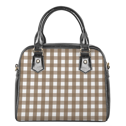 Brown And White Check Pattern Print Shoulder Handbag