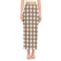 Brown And White Check Pattern Print Side Slit Maxi Skirt