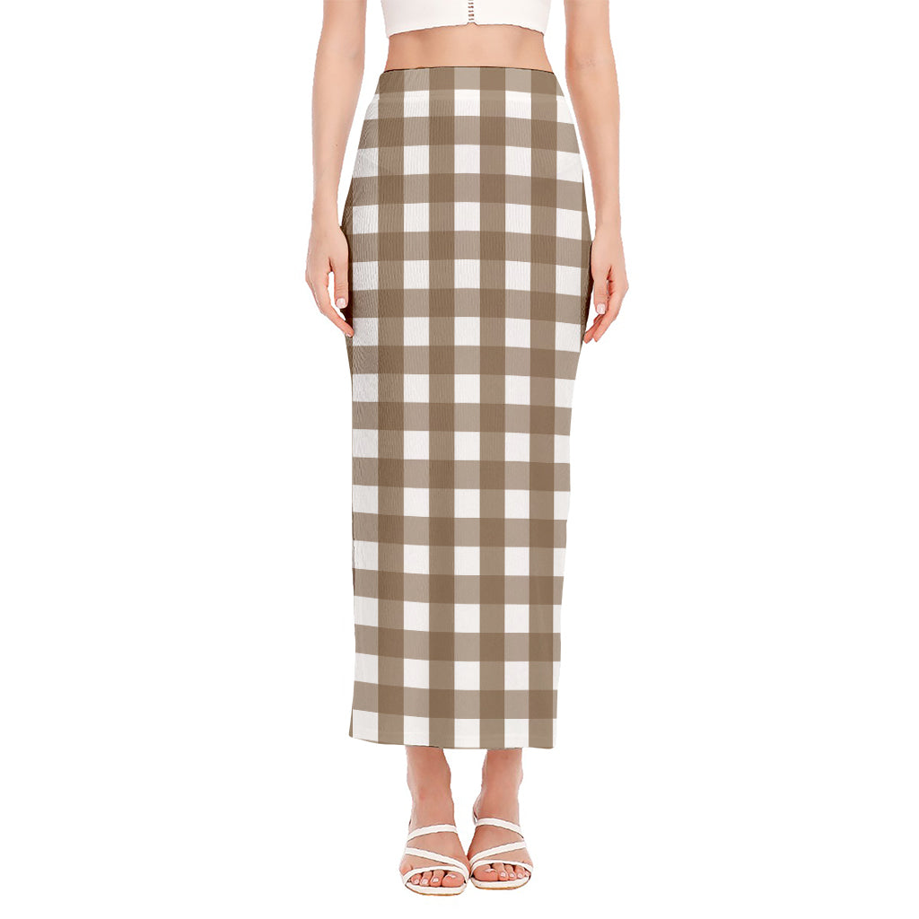 Brown And White Check Pattern Print Side Slit Maxi Skirt