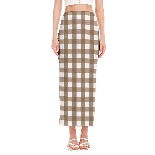 Brown And White Check Pattern Print Side Slit Maxi Skirt