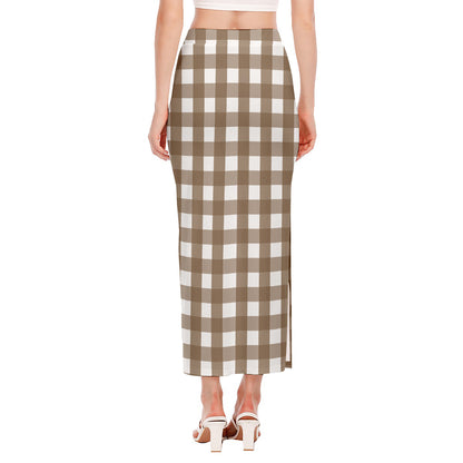 Brown And White Check Pattern Print Side Slit Maxi Skirt