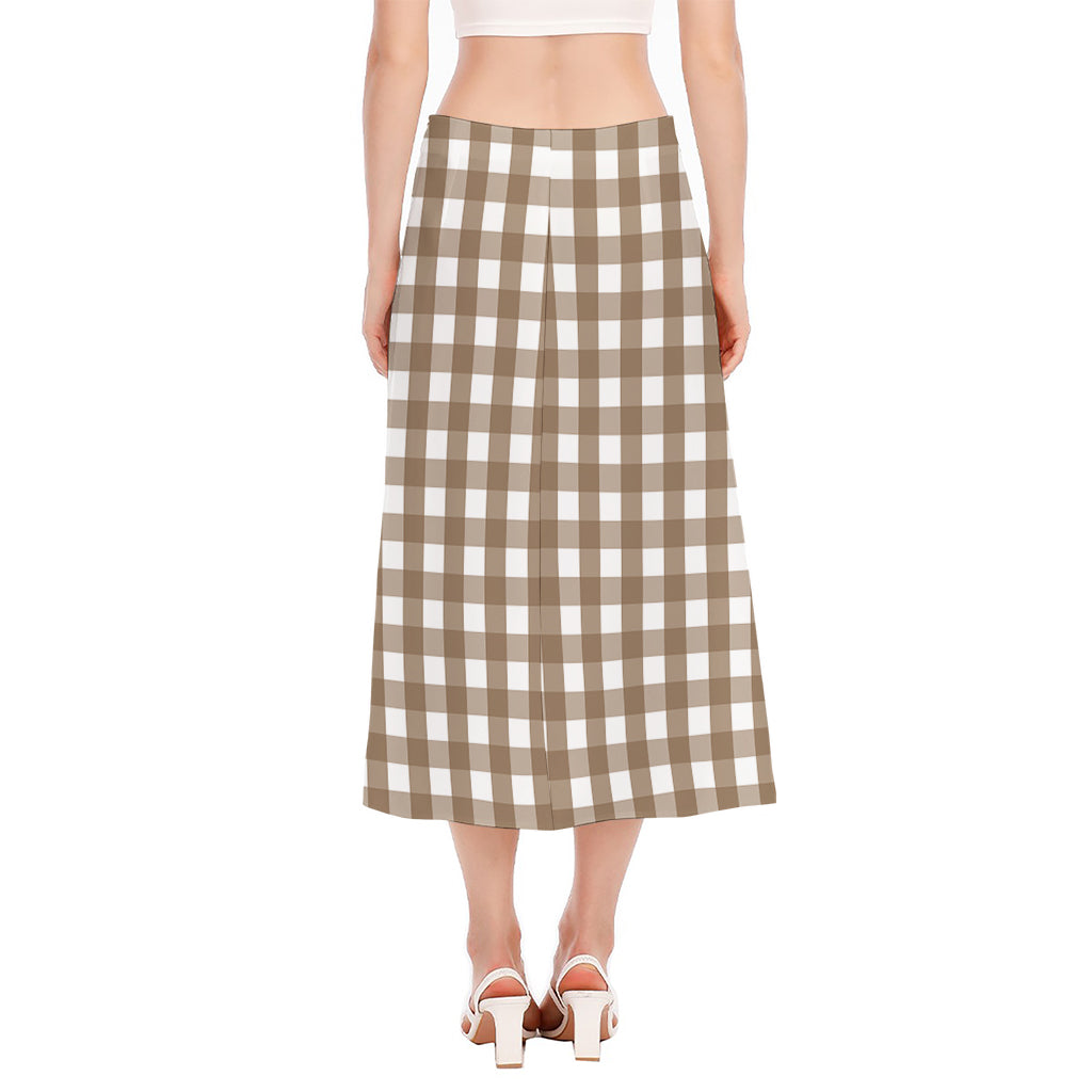 Brown And White Check Pattern Print Side Slit Midi Skirt