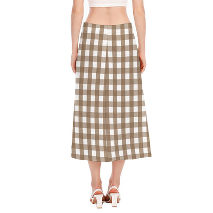 Brown And White Check Pattern Print Side Slit Midi Skirt