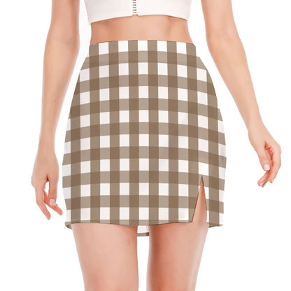 Brown And White Check Pattern Print Side Slit Mini Skirt