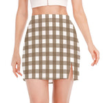 Brown And White Check Pattern Print Side Slit Mini Skirt
