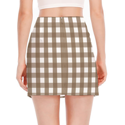 Brown And White Check Pattern Print Side Slit Mini Skirt