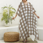 Brown And White Check Pattern Print Silk V-Neck Kaftan Dress