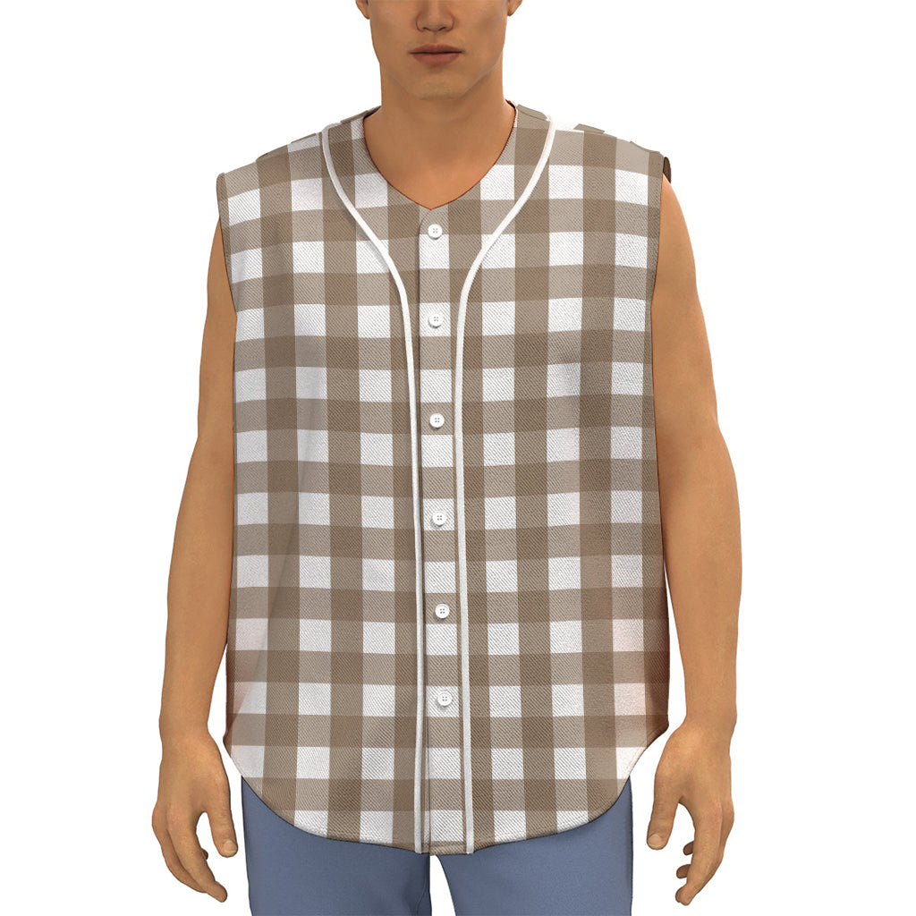 Brown And White Check Pattern Print Sleeveless Baseball Jersey