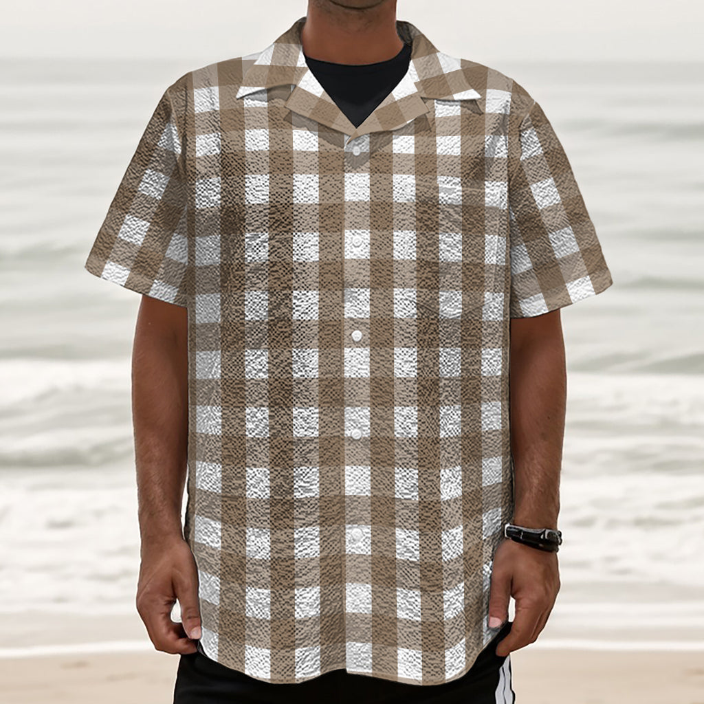 Brown And White Check Pattern Print Textured Short Sleeve Shirt