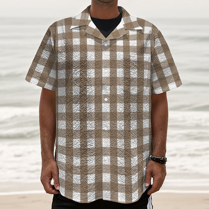 Brown And White Check Pattern Print Textured Short Sleeve Shirt