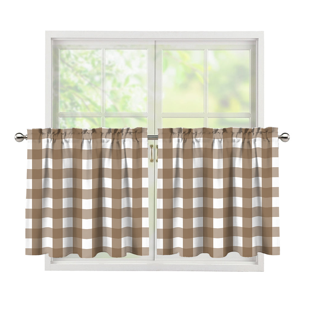 Brown And White Check Pattern Print Tier Curtains