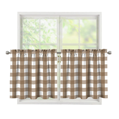 Brown And White Check Pattern Print Tier Curtains