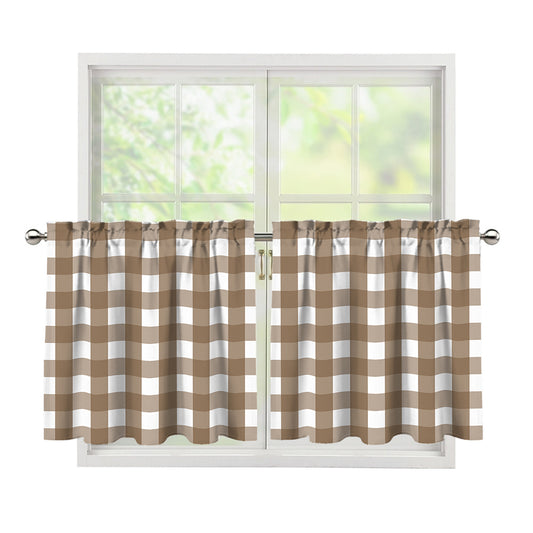 Brown And White Check Pattern Print Tier Curtains