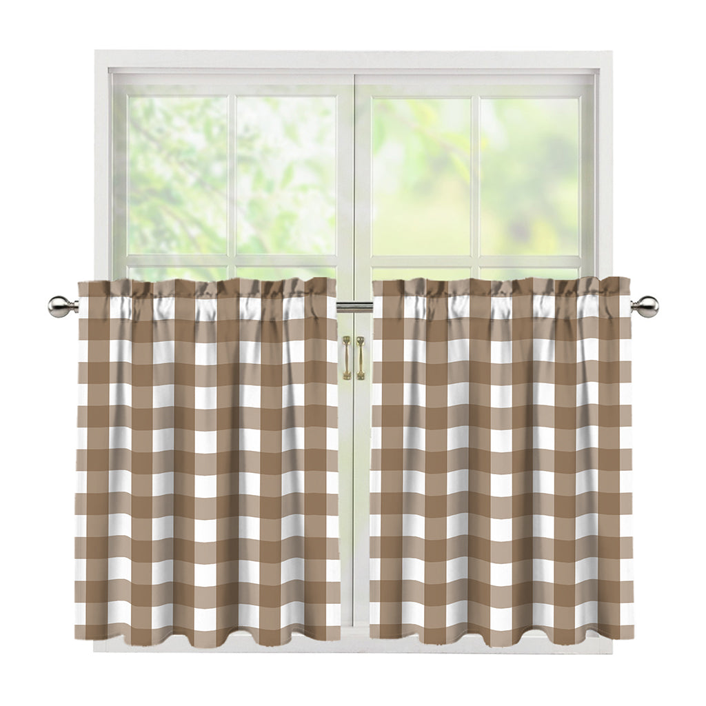 Brown And White Check Pattern Print Tier Curtains