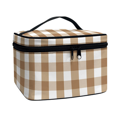 Brown And White Check Pattern Print Travel Makeup Bag