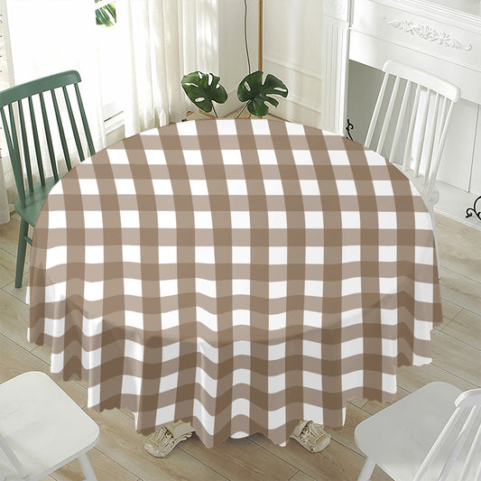Brown And White Check Pattern Print Waterproof Round Tablecloth