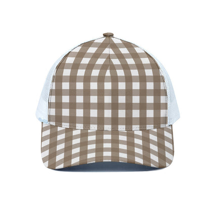 Brown And White Check Pattern Print White Mesh Trucker Cap