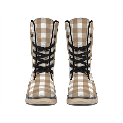 Brown And White Check Pattern Print Winter Boots