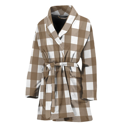 Brown And White Check Pattern Print Women's Bathrobe