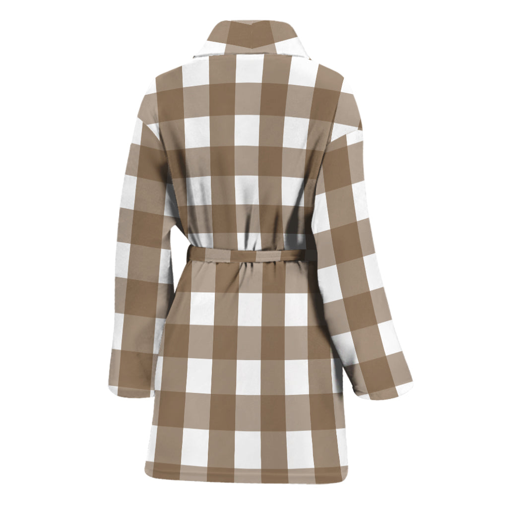 Brown And White Check Pattern Print Women's Bathrobe