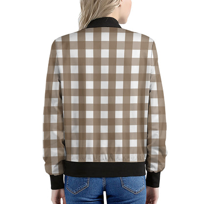 Brown And White Check Pattern Print Women's Bomber Jacket