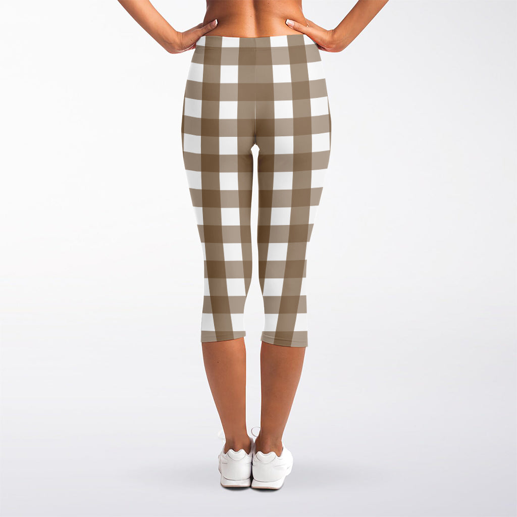 Brown And White Check Pattern Print Women's Capri Leggings